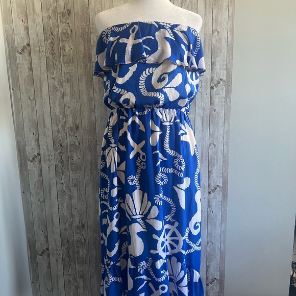 Lilly Pulitzer Dock Hopper Blue and White Off-Shoulder Nautical  Maxi Dress Med - Picture 1 of 6